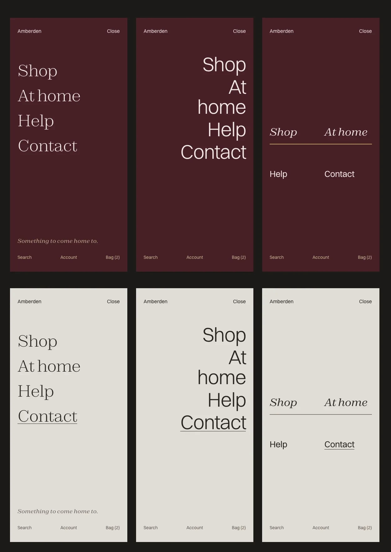 Three phone menu designs, each shown on oxblood and on paper.