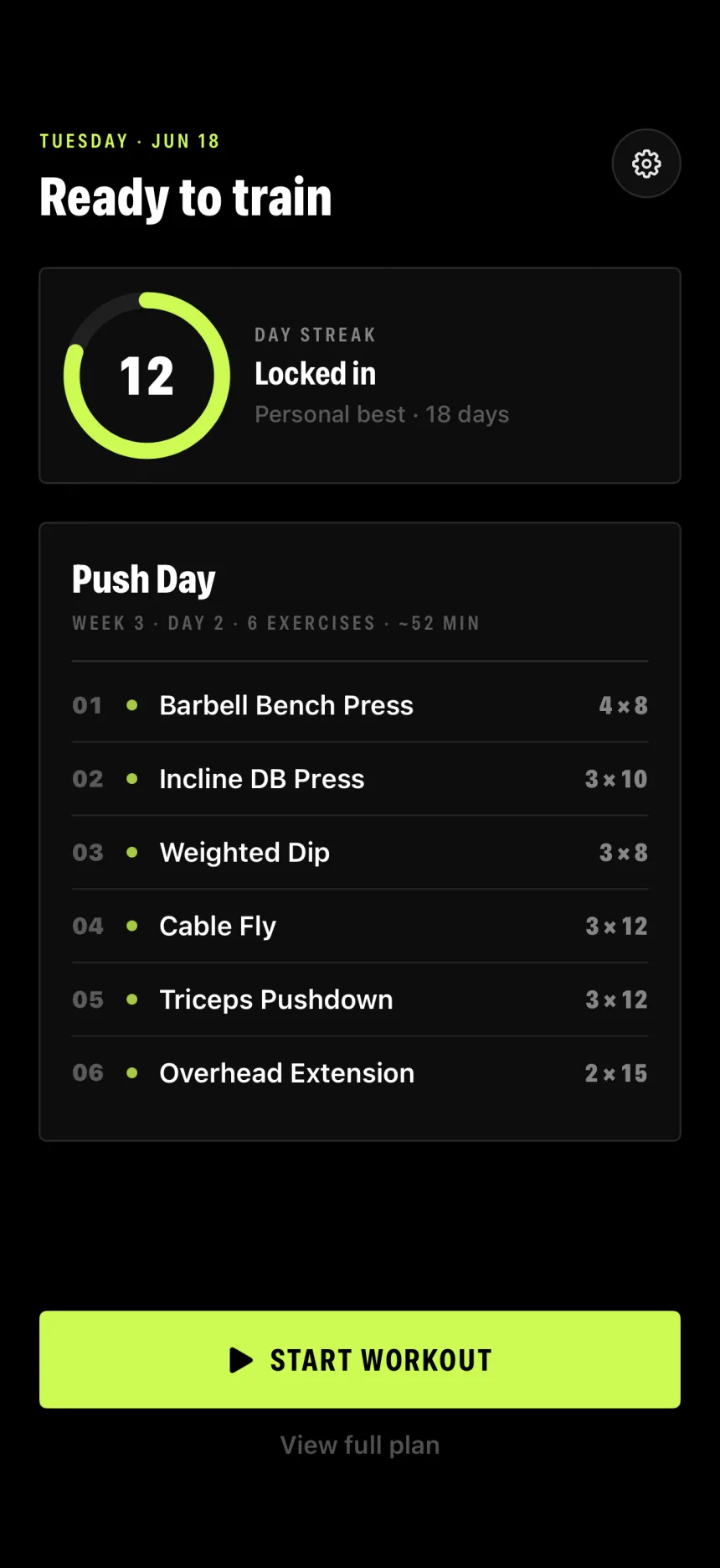 Pre-workout screen: today's plan and a Start button