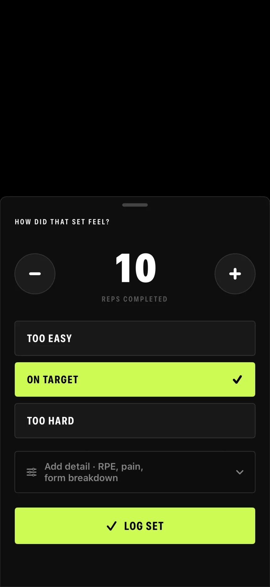 How did that set feel? logging sheet